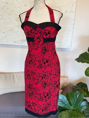 Collectif Retro Pinup Halter Dress Floral Skull Star Anchor Red Black Size 14